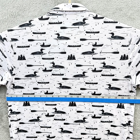 Waggle Polo Shirt Mens Large White Loon Lake Fish Boat Golf Performance Stretch - Picture 5 of 6